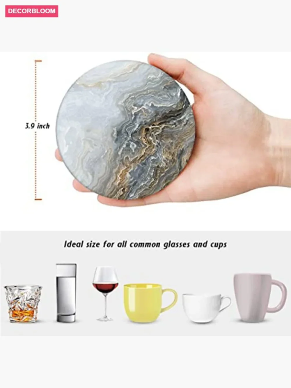 Coaster Set of 6 - Absorbent Stone with Cork Base and Metal Holder, Home Bar